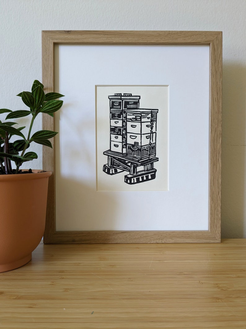 Backyard Beehives original 5x7 handmade linocut print, unframed, black ink on cream cardstock. Wall decor, beekeeping art, beekeeper gift image 1