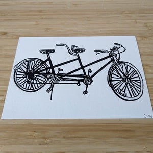 Tandem Bicycle original 5x7 handmade linocut print, unframed, black ink on cream cardstock. Wedding gift, anniversary gift,, bicycle art. image 3