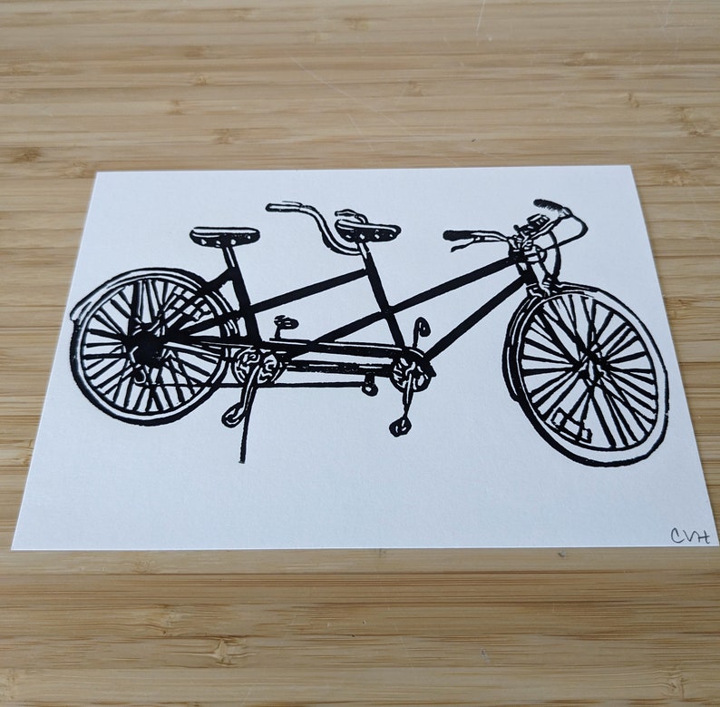 Tandem Bicycle original 5x7 handmade linocut print, unframed, black ink on cream cardstock. Wedding gift, anniversary gift,, bicycle art. image 3