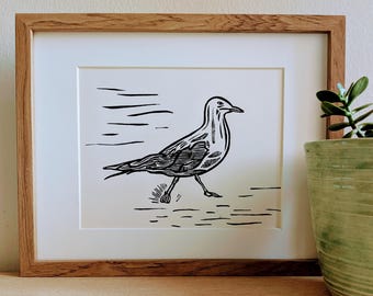 Impresión linográfica original de gaviota, hecha a mano, de 8 x 10 pulgadas, tinta negra sobre cartulina color crema, sin marco.