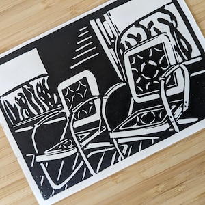Porch Chairs original 5x7 handmade linocut unframed print, black ink on cream cardstock, wall art, art print, wedding gift, anniversary gift image 3