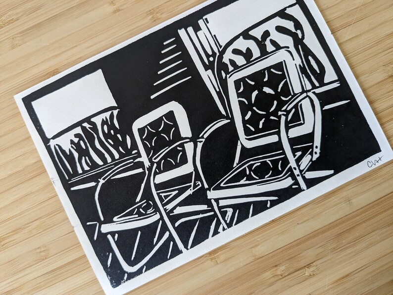 Porch Chairs original 5x7 handmade linocut unframed print, black ink on cream cardstock, wall art, art print, wedding gift, anniversary gift image 3