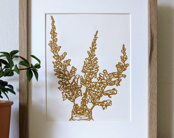 Impresión linográfica original de Snapdragons, hecha a mano, de 8 x 10 pulgadas, tinta ocre amarilla sobre cartulina color crema, sin marco.