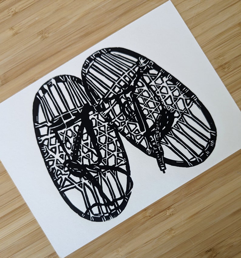 Snowshoes original 5x7 handmade linocut print, unframed, black ink on cream cardstock. Gallery wall art, linocut art, snowshoes art, winter image 3