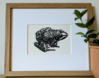 Frog original 5x7 handcarved and handprinted unframed linocut, frog art, frog print, 5x7 linocut, 5x7 art, 5x7 print, Michigan art, linocut