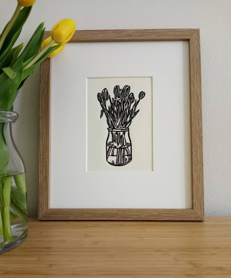 Tulips original 5x7 handcarved and handprinted unframed linocut print, on cream cardstock Flower art, tulip art, gallery wall art. image 2