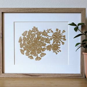 Queen Anne's Lace original handmade 8x10 unframed linocut print, yellow ochre ink on cream cardstock. Flower art, 8x10 wall art, 8x10 print image 1