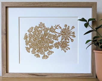 Impresión linográfica original de encaje de la Reina Ana, hecha a mano, de 8 x 10 pulgadas, tinta ocre amarilla, sin marco, arte botánico