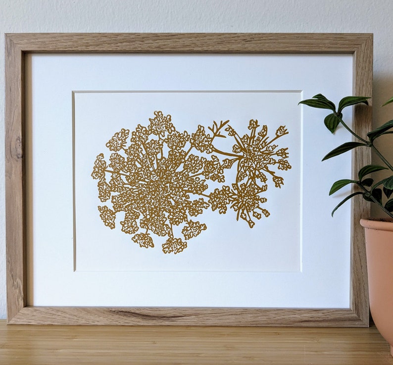 Queen Anne's Lace original handmade 8x10 unframed linocut print, yellow ochre ink on cream cardstock. Flower art, 8x10 wall art, 8x10 print image 1