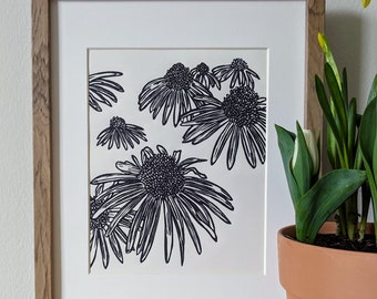Coneflowers original handmade 8x10 unframed linocut print, black ink on cream cardstock, plant art flower art, wall art, linocut print