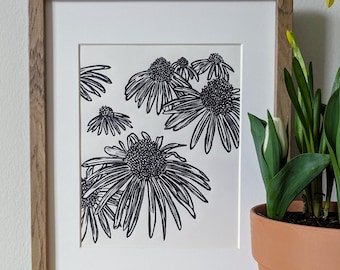 Impresión linográfica original de Coneflowers, hecha a mano, de 8 x 10 pulgadas, tinta negra sobre cartulina color crema, sin marco.