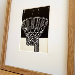 Basketball Hoop original 5x7 linocut print, unframed, black in on on cream cardstock. Basketball art, basketball print, sports art, 5x7 art image 4