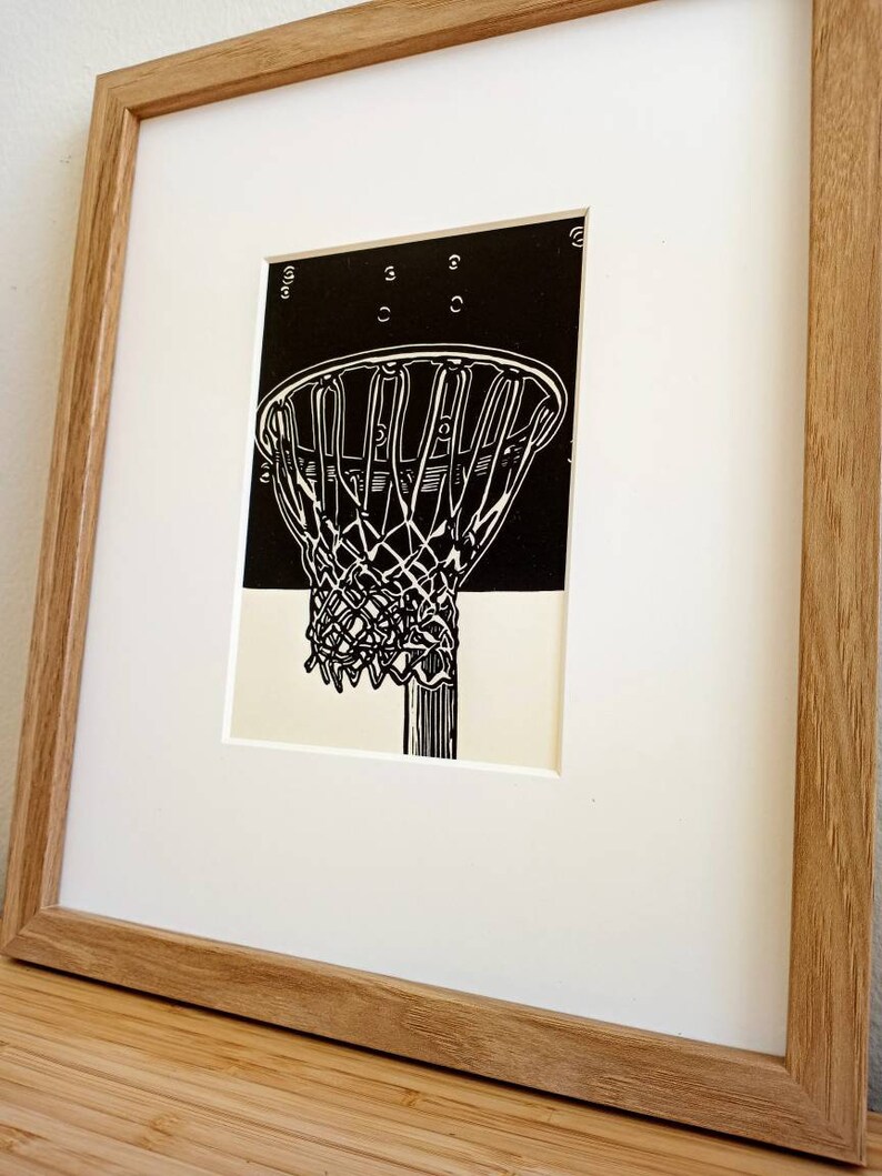 Basketball Hoop original 5x7 linocut print, unframed, black in on on cream cardstock. Basketball art, basketball print, sports art, 5x7 art image 4