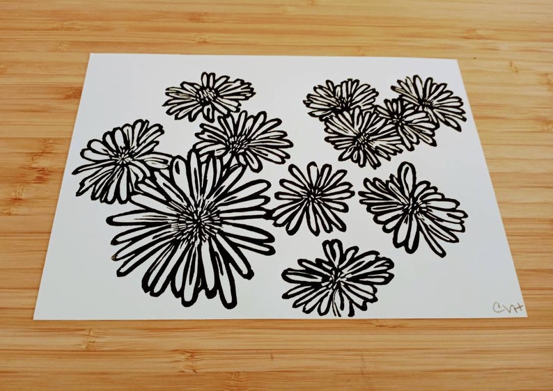 Daisies original handmade 5x7 linocut print, unframed, black ink on cream cardstock. 5x7 art, gallery wall art, daisies art, flower art, 5x7 image 8