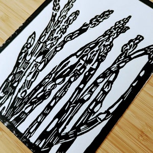 Asparagus original handmade 5x7 unframed linocut, black ink on cream cardstock. Asparagus art, vegetable art, kitchen art, gallery wall art. image 4