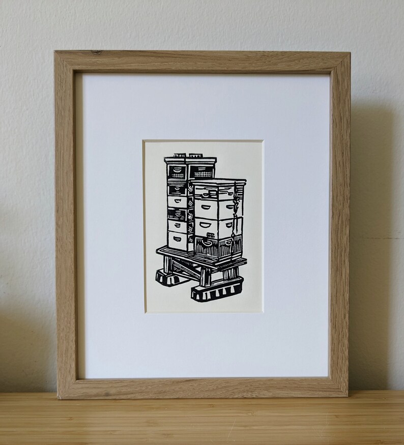 Backyard Beehives original 5x7 handmade linocut print, unframed, black ink on cream cardstock. Wall decor, beekeeping art, beekeeper gift image 5