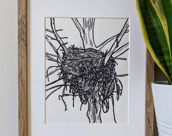 Impresión linográfica original de Nest, hecha a mano, de 8 x 10 pulgadas, tinta negra sobre cartulina color crema, sin marco.