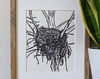 Nest original 8x10 handmade linocut print, nest art, bird art, bird print, wall art, 8x10 art print, 8x10 linocut, nest linocut, 8x10 print