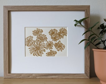 Daisies original handmade 5x7 linocut print, unframed, yellow ochre (deep mustard) ink on creamcardstock. 5x7 art, gallery wall art.