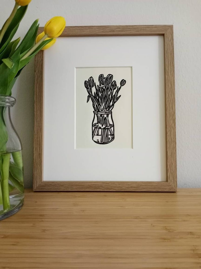 Tulips original 5x7 handcarved and handprinted unframed linocut print, on cream cardstock Flower art, tulip art, gallery wall art. image 1