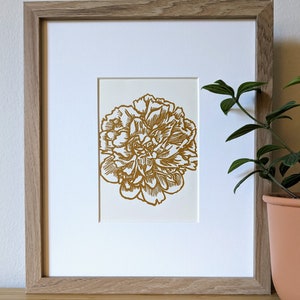 Peony original handmade 5x7 linocut print, unframed,  in yellow ochre ink on cream cardstock.  Peony art, flower art, peony print, 5x7 art.