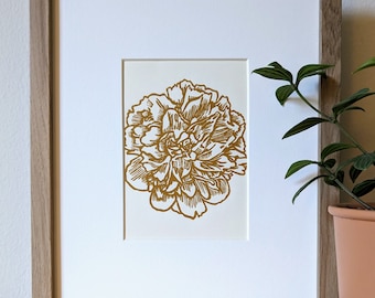 Peony original handmade 5x7 linocut print, unframed,  in yellow ochre ink on cream cardstock.  Peony art, flower art, peony print, 5x7 art.