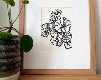 Petunias original handmade 5x7 unframed linocut print. Hand carved and handprinted. Flower art, plant art, gallery wall art, 5x7 art