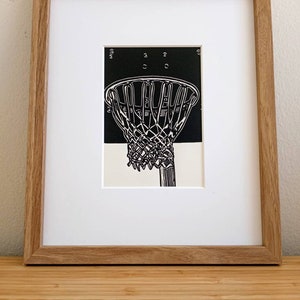 Basketball Hoop original 5x7 linocut print, unframed, black in on on cream cardstock. Basketball art, basketball print, sports art, 5x7 art image 8