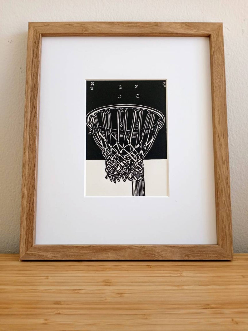 Basketball Hoop original 5x7 linocut print, unframed, black in on on cream cardstock. Basketball art, basketball print, sports art, 5x7 art image 8