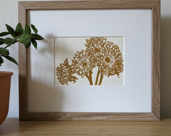 Sunflowers original handmade 5x7 linocut print, yellow ochre ink on cream cardstock, unframed
