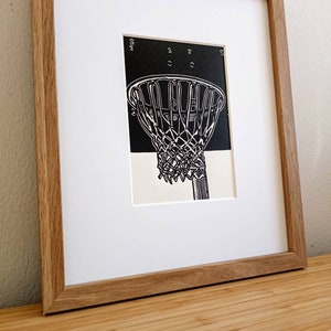 Basketball Hoop original 5x7 linocut print, unframed, black in on on cream cardstock. Basketball art, basketball print, sports art, 5x7 art image 3