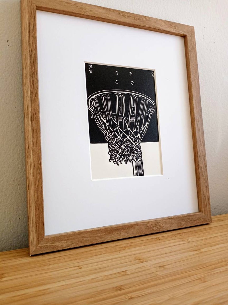 Basketball Hoop original 5x7 linocut print, unframed, black in on on cream cardstock. Basketball art, basketball print, sports art, 5x7 art image 3