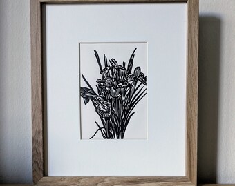 Irises original 5x7 handcarved and handprinted unframed linocut print, black ink on cream cardstock.  Gallery wall art, flower art, 5x7 art
