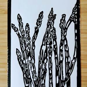 Asparagus original handmade 5x7 unframed linocut, black ink on cream cardstock. Asparagus art, vegetable art, kitchen art, gallery wall art. image 2