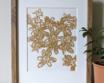Daylilies 8x10 original unframed handmade linocut print, yellow ochre ink on cream cardstock, 8x10 art, 8x10 print, 8x10 linocut, mustard