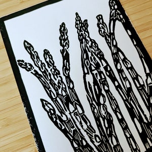 Asparagus original handmade 5x7 unframed linocut, black ink on cream cardstock. Asparagus art, vegetable art, kitchen art, gallery wall art. image 5