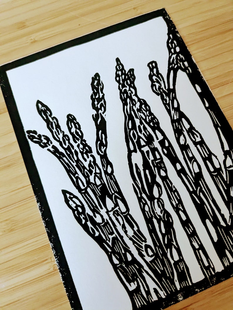 Asparagus original handmade 5x7 unframed linocut, black ink on cream cardstock. Asparagus art, vegetable art, kitchen art, gallery wall art. image 5