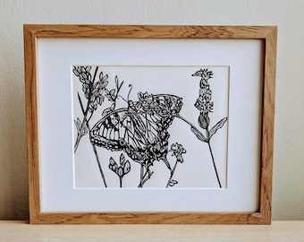 Impresión linográfica original hecha a mano de cola de golondrina tigre oriental de 8 x 10 pulgadas, tinta negra, arte de mariposa, sin marco
