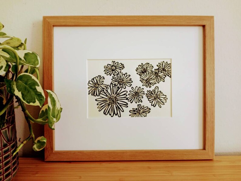 Daisies original handmade 5x7 linocut print, unframed, black ink on cream cardstock. 5x7 art, gallery wall art, daisies art, flower art, 5x7 image 6