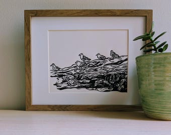Seagulls Maine Linocut Print, Black Ink on Cream Cardstock, 8x10 Unframed