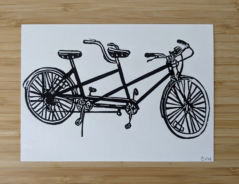 Tandem Bicycle original 5x7 handmade linocut print, unframed, black ink on cream cardstock. Wedding gift, anniversary gift,, bicycle art. image 5