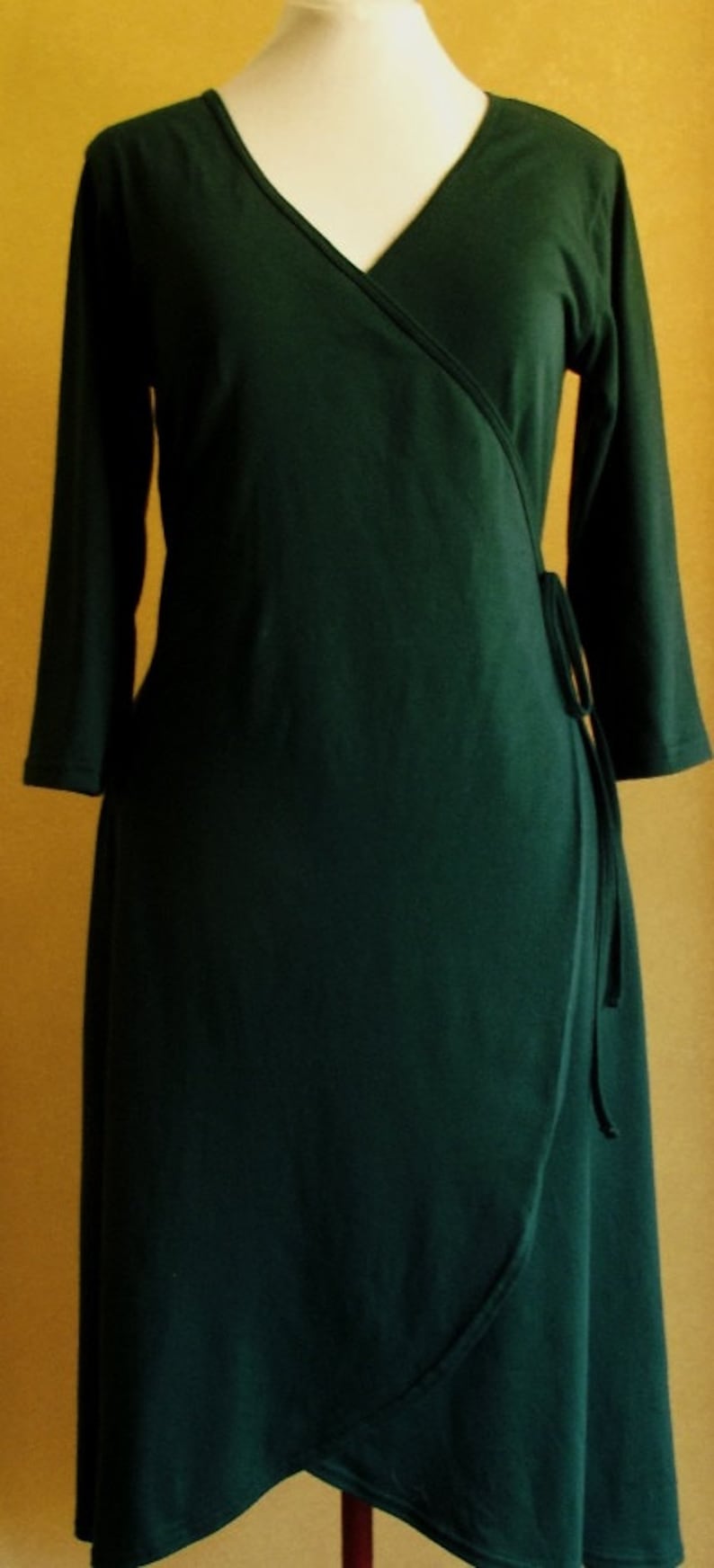 Australian made 3/4 sleeve cotton wrap dress in bottle green