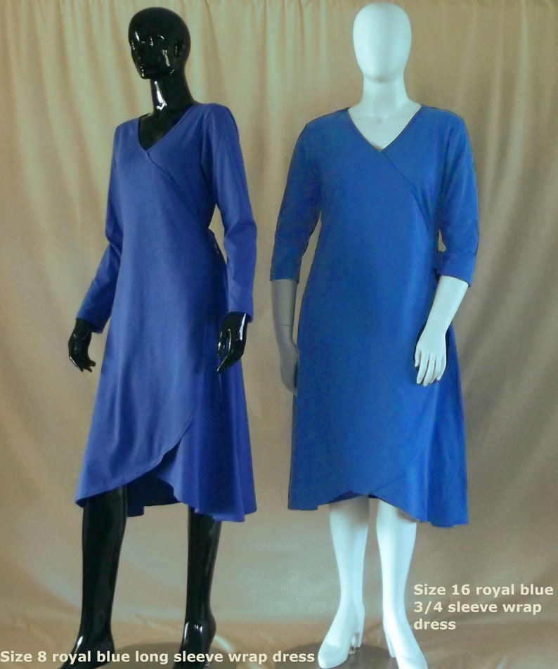 Australian made 3/4 and long sleeve cotton wrap dress in royal blue