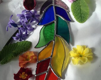 Stained Glass Feather Sun Catcher: Rainbow Chakra Window Art