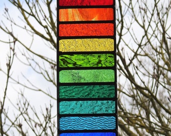 Stained Glass Hanging Panel 'Rainbow Stripes' Garden Suncatcher,High Quality Mixed Textured Glass,15" High,Hand Made Leaded Panel