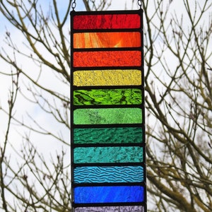 Stained Glass Hanging Panel 'Rainbow Stripes' Garden Suncatcher,High Quality Mixed Textured Glass,15" High,Hand Made Leaded Panel