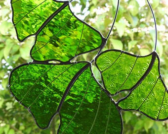 Stained Glass 'Gingko Leaves' Suncatcher,Pale Green or Bright Lime Green,Woodland,Jungle Home Decor,Exotic
