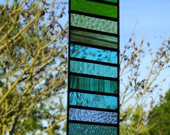 Stained Glass Hanging Panel 'Air & Water',Garden Sun Catcher,Quality Mixed Textured Glass,15" High,Leaded Light,14 Elemental Shades