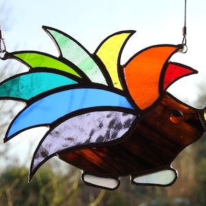 Rainbow Hedgehog Stained Glass Sun Catcher,Home Decor, Birthday Gift, OOAK,Woodland,Wildlife,Hedgepig,Glass Art, Rainbow Glass