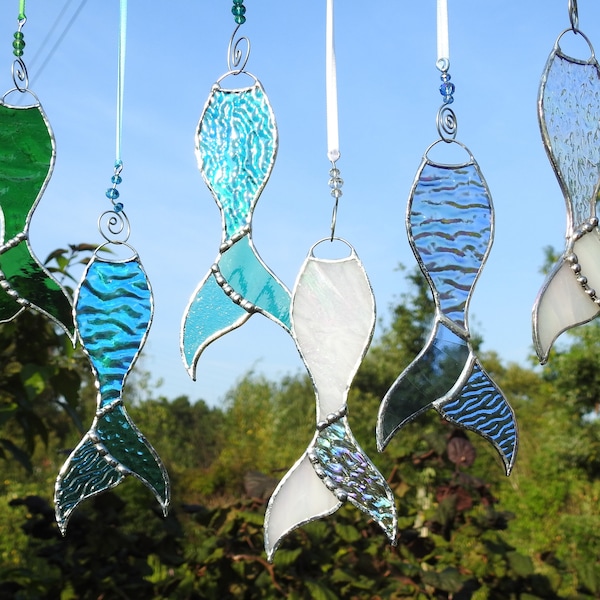Stained Glass Mermaid Tail Suncatcher.Beautiful Iridised Glass.Teal,Blue,Pale or Deep Blue,Purple,Clear or White,Seaside,Sea Siren,Fantasy